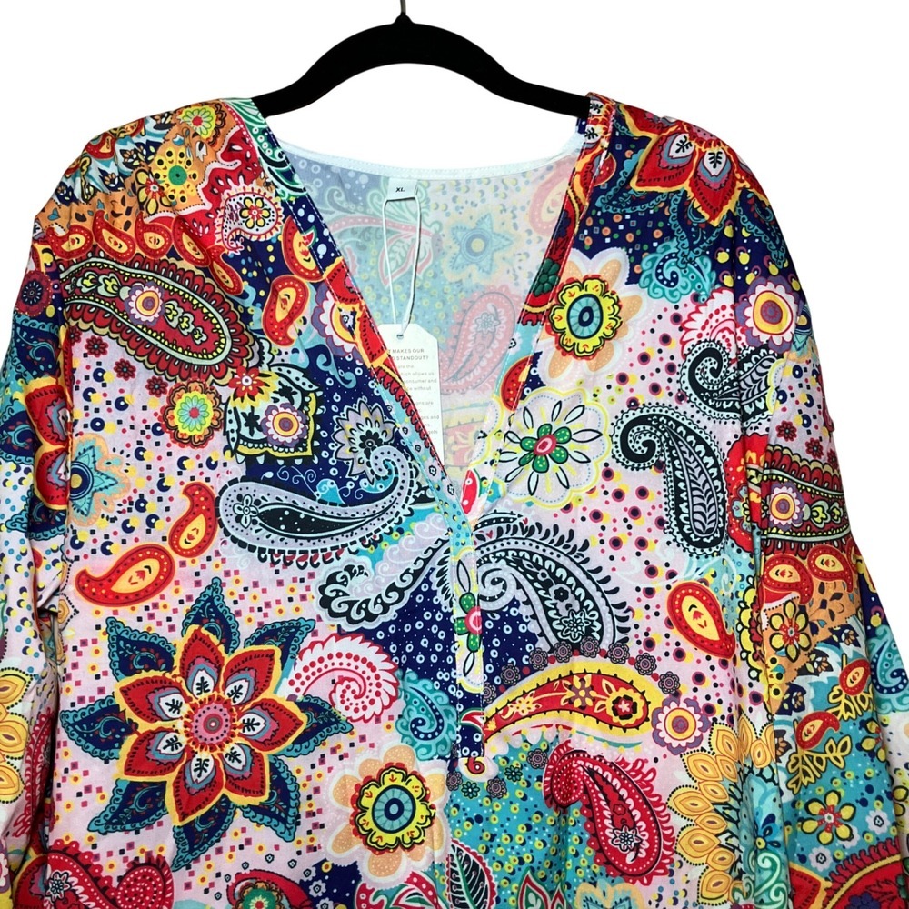 Paisley Floral Mini Dress Womens XL Multicolor New Boho Festival Bell Sleeve - Picture 2 of 10